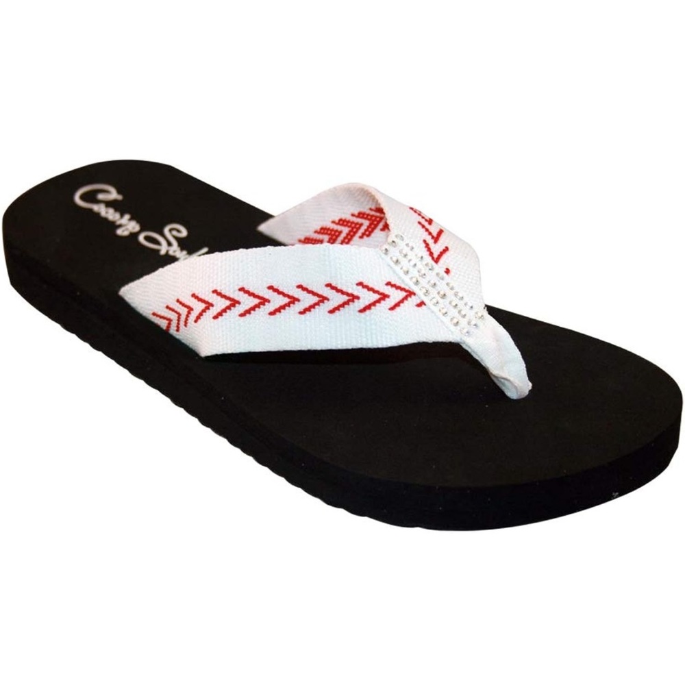 Baseball Mom Baseball Fabric Canvas Flip Flops with Rhinestone Accents